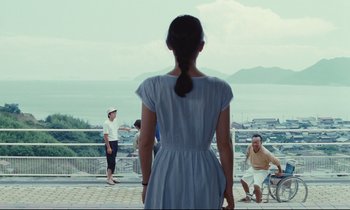 Movie still from “Chizuko's Younger Sister” (1991), directed by Nobuhiko Ôbayashi – A group of people standing on top of a building; Wide shot, Over the shoulder angle