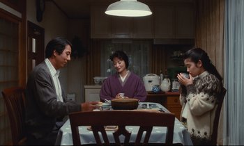 Movie still from “Chizuko's Younger Sister” (1991), directed by Nobuhiko Ôbayashi – A group of people sitting around a dinner table; Wide shot, High angle