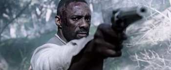 Movie still from “The Dark Tower” (2017), directed by Nikolaj Arcel – Idris elba in a scene from the movie 't he dark tower '; Close Up shot, Over the shoulder angle