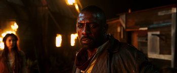 Movie still from “The Dark Tower” (2017), directed by Nikolaj Arcel – A person wearing a leather jacket; Close Up shot, Low angle