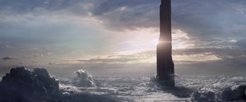 Movie still from “The Dark Tower” (2017), directed by Nikolaj Arcel – A tall tower in the middle of the ocean; Extreme Wide shot, High angle