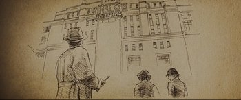 Movie still from “Christopher Robin” (2018), directed by Marc Forster – An old drawing of a man in a hat and a suit; Extreme Close Up shot, Low angle