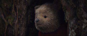Movie still from “Christopher Robin” (2018), directed by Marc Forster – A teddy bear is wearing a sweater and sitting in a tree; Close Up shot, Low angle