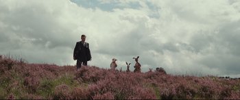 Movie still from “Christopher Robin” (2018), directed by Marc Forster – A man standing on top of a hill next to a flock of birds; Wide shot, Low angle