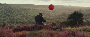 Movie still from “Christopher Robin” (2018), directed by Marc Forster – A man and a woman sitting in a field with a red balloon; Wide shot, High angle