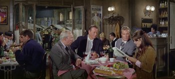 Movie still from “Circus World” (1964), directed by Henry Hathaway – A group of people sitting at a table with food; Medium shot, High angle