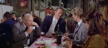 Movie still from “Circus World” (1964), directed by Henry Hathaway – A group of people sitting at a table with food; Medium shot, Over the shoulder angle
