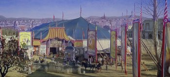 Movie still from “Circus World” (1964), directed by Henry Hathaway – A circus tent with a horse drawn carriage in front of it; Extreme Wide shot, High angle