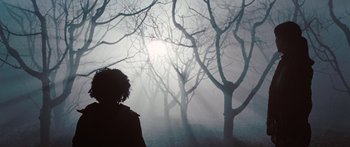 Movie still from “The Day the Earth Stood Still” (2008), directed by Scott Derrickson – A person standing in front of trees in the fog; Wide shot, Low angle