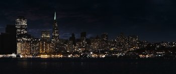Movie still from “The Day the Earth Stood Still” (2008), directed by Scott Derrickson – A view of a city skyline at night time; Extreme Wide shot, High angle