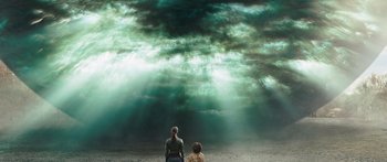 Movie still from “The Day the Earth Stood Still” (2008), directed by Scott Derrickson – Two people standing in front of a large cloud; Extreme Wide shot, High angle