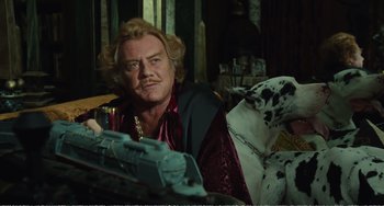 Movie still from “City of Women” (1980), directed by Federico Fellini – A man and a dalmatian sitting next to each other in a room; Medium shot, Over the shoulder angle