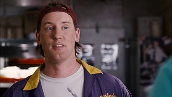 Movie still from “Clerks II” (2006), directed by Kevin Smith – A person wearing a jacket; Close Up shot, Over the shoulder angle