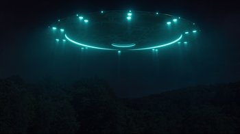 Movie still from “The Dead Don't Die” (2019), directed by Jim Jarmusch – An image of an alien spaceship in the night sky; Extreme Wide shot, Low angle