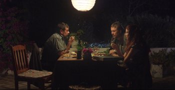 Movie still from “Climates” (2006), directed by Nuri Bilge Ceylan – A group of people sitting around a table eating; Wide shot, High angle
