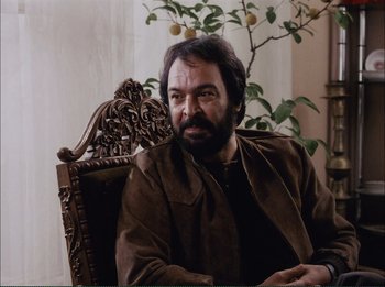 Movie still from “Close-Up” (1990), directed by Abbas Kiarostami – A man sitting in a chair in front of a plant; Medium shot, Over the shoulder angle