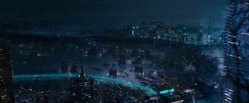 Movie still from “Cloud Atlas” (2012), directed by Lilly Wachowski – An aerial view of a large city at night; Extreme Wide shot, High angle