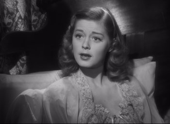 Movie still from “Cluny Brown” (1946), directed by Ernst Lubitsch – A black - and - white photo of a woman with long hair; Close Up shot, Low angle