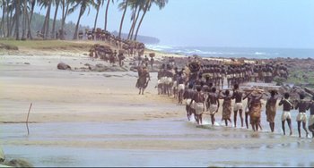 Movie still from “Cobra Verde” (1987), directed by Werner Herzog – A group of people walking on a beach near the ocean; Extreme Wide shot, High angle