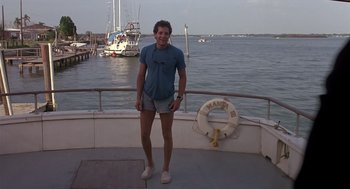 Movie still from “Cocoon” (1985), directed by Ron Howard – A man standing on the deck of a boat in the water; Wide shot, Low angle