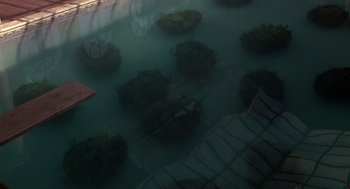 Movie still from “Cocoon” (1985), directed by Ron Howard – A group of seaweed floating on top of a body of water; Extreme Wide shot, Overhead angle