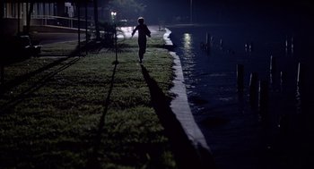 Movie still from “Cocoon” (1985), directed by Ron Howard – A person walking on a sidewalk near a body of water at night; Extreme Wide shot, High angle