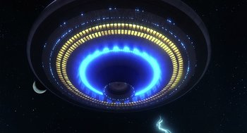 Movie still from “Cocoon” (1985), directed by Ron Howard – A blue and yellow light in the middle of a room; Extreme Wide shot, Overhead angle