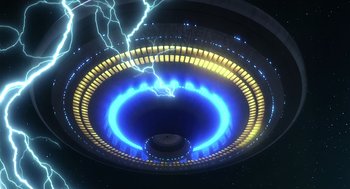 Movie still from “Cocoon” (1985), directed by Ron Howard – An image of an electric discharge in the sky; Extreme Wide shot, Overhead angle