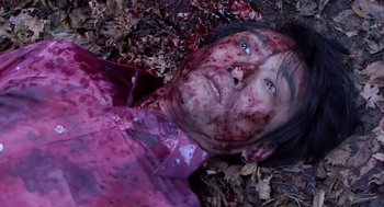 Movie still from “Cold Fish” (2010), directed by Sion Sono – A man with blood all over his face and chest; Close Up shot, Overhead angle