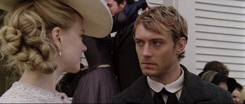 Movie still from “Cold Mountain” (2003), directed by Anthony Minghella – A man and a woman are looking at each other; Close Up shot, Over the shoulder angle