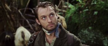 Movie still from “Cold Mountain” (2003), directed by Anthony Minghella – A person wearing a jacket; Close Up shot, Low angle