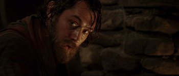 Movie still from “Cold Mountain” (2003), directed by Anthony Minghella – A person with wet hair and a beard; Close Up shot, Over the shoulder angle