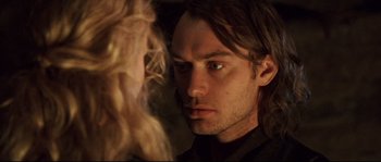 Movie still from “Cold Mountain” (2003), directed by Anthony Minghella – A person with long hair; Close Up shot, Over the shoulder angle