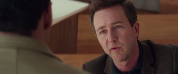 Movie still from “Collateral Beauty” (2016), directed by David Frankel – A person sitting in front of another person; Close Up shot, Over the shoulder angle