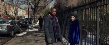 Movie still from “Collateral Beauty” (2016), directed by David Frankel – A man and a woman walking down a sidewalk; Medium shot, Over the shoulder angle