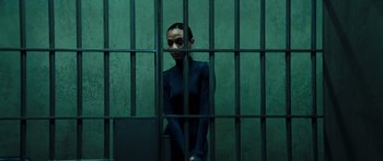 A woman standing behind bars in front of a laptop computer
