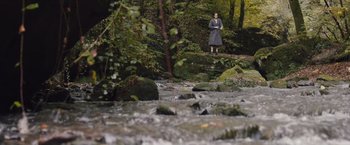 Movie still from “Colonia” (2015), directed by Florian Gallenberger – A woman standing on a rock near a stream; Extreme Wide shot, High angle