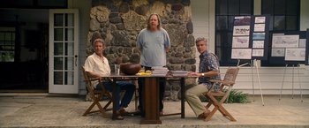 Movie still from “The Descendants” (2011), directed by Alexander Payne – A group of men sitting at a wooden table; Wide shot, Low angle
