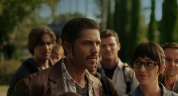 Movie still from “Comet” (2014), directed by Sam Esmail – A group of men standing next to each other in a line; Close Up shot, Over the shoulder angle