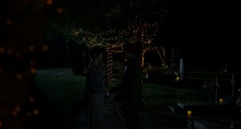Movie still from “Comet” (2014), directed by Sam Esmail – Two people standing in the dark outside at night; Wide shot, Over the shoulder angle