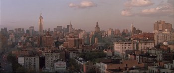 Movie still from “Communion” (1989), directed by Philippe Mora – A view of a large city from a high vantage point; Extreme Wide shot, High angle