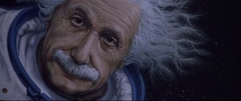 Movie still from “Communion” (1989), directed by Philippe Mora – A painting of albert einstein; Extreme Close Up shot, Overhead angle