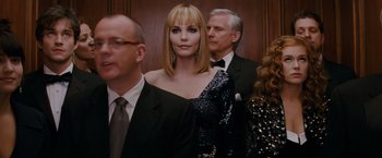 Movie still from “Confessions of a Shopaholic” (2009), directed by P.J. Hogan – A woman in a black dress standing next to a man in a suit and tie; Close Up shot, Over the shoulder angle