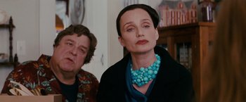 Movie still from “Confessions of a Shopaholic” (2009), directed by P.J. Hogan – An older woman wearing a blue necklace and a man wearing a black jacket; Close Up shot, Over the shoulder angle