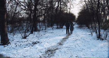 Movie still from “Confidence” (1980), directed by István Szabó – Two people are walking in the snow near trees; Extreme Wide shot, High angle