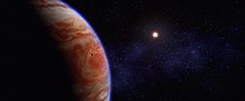Movie still from “Contact” (1997), directed by Robert Zemeckis – An image of an exoplanet with a star in the background; Extreme Wide shot, Overhead angle
