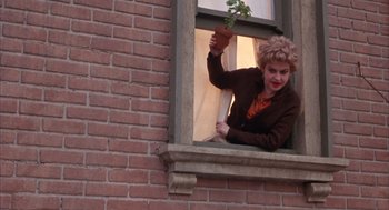 Movie still from “Coogan's Bluff” (1968), directed by Don Siegel – A woman holding a potted plant up to a window; Medium shot, Low angle