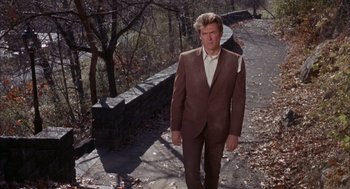 Movie still from “Coogan's Bluff” (1968), directed by Don Siegel – A man in a brown suit standing on the side of a road; Medium shot, High angle