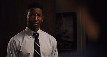 Movie still from “The Front Runner” (2018), directed by Jason Reitman – A man wearing a tie and a dress shirt; Close Up shot, Over the shoulder angle