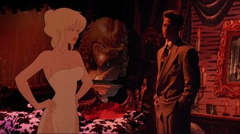 Movie still from “Cool World” (1992), directed by Ralph Bakshi – A man and a woman standing next to each other in a room; Wide shot, Over the shoulder angle